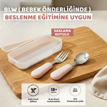 Guqqo Silikon Saplı Paslanmaz Çelik Çatal Kaşık Seti, 18+ Ay,
