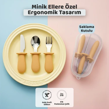 Guqqo Silikon Saplı Bebek Çelik Çatal Kaşık Bıçak Seti, 316L Çelik, Blw, Saklama Kutulu,