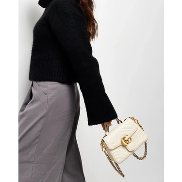 Gucci White Chevron Leather Gg Marmont Top Handle Bag Fiyatı