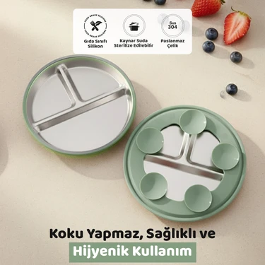 Guqqo Silikon Kaplı Bebek Tabak, 3 Bölmeli Paslanmaz Çelik Mama Tabağı, Vakumlu, 304 Çelik,