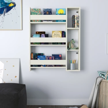 PROMODÜL Montessori Çocuk Kitaplığı Duvar Rafı - Fildişi 3 Raflı, Oyuncak ve Kitap Düzenleyici