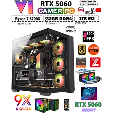 Zeiron GTA-VI X32 Black ✔ Ryzen 7 5700X 32GB Ram 1TB M.2 Nvme SSD 8GB GDDR7 RTX5060 Ekran Kartı