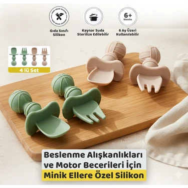 Guqqo Silikon Bebek Kaşık Çatal Seti 4’lü, Blw, Gıda Sınıfı Silikon, Krem