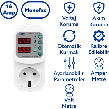 Tomzn Akım Korumalı Priz 16A Ayarlanabilir Voltaj ve Akım Koruma Prizi - Elektrik Bekçisi Türkiye