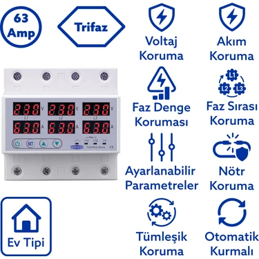 Tomzn Trifaz Gerilim ve Akım Koruma Rölesi Yüksek Alçak Voltaj Koruyucu Röle 63A 3 Fazlı - Ev
