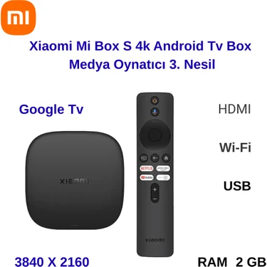 Xiaomi Mi Box S 4K Android Tv Box 3. Nesil 2 GB Ram HDMI ve Wi-Fi Desteği