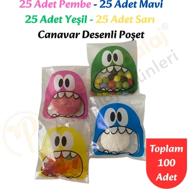 Carpcorn 100 Adet 4 Renkli Canavar Desenli Cake Pop & Kurabiye Poşeti - 10X15