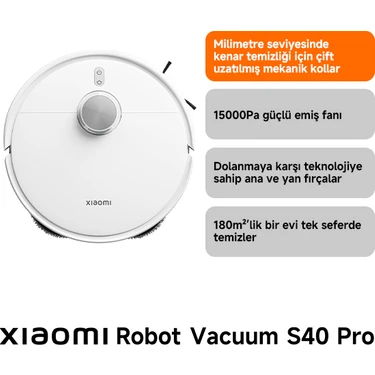 Xiaomi Robot Vacuum S40 Pro  Akıllı Robot Süpürge ve Mop 15.000 Pa Beyaz (Xiaomi TR
