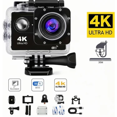 Dimute Shop 4K Wifi Aksiyon Kamerası 170° Geniş Açı Spor Kamera Ön Kayıt + Kask Montaj Aksesuar