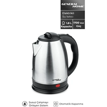 General Home Kt-02 Inox Su Isıtıcı Kettle 1.8 L–1700 W | Paslanmaz Çelik Gövde, Gizli