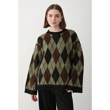 Jaste  Kadın Oversize Argyle Desenli Triko Kazak