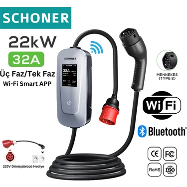 Schoner 22KW Taşınabilir Elektrikli Araç Şarj Istasyonu Wi-Fi / Bluetooth Smart 5 Metre Tip2