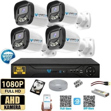 Vartek Bilişim 4 Kameralı Full HD Güvenlik Kamera Seti 250GB HDD 5MP Gece (Renkli) Görüşlü - Sabit