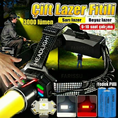 212 Farissu 4 Pilli Set! 3000 Lümen Çift Işık (Sarı/beyaz) Şarjlı Kafa Feneri - Sensörlü, Type-C ve