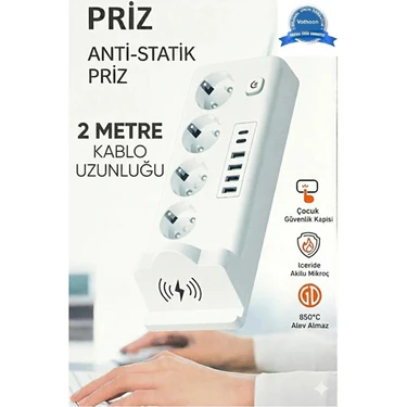 Vothoon Akım Korumalı Priz ve Masaüstü Şarj Istasyonu Kablosuz 4 Priz ,4 Usb, 2 Type-C Girişli 2