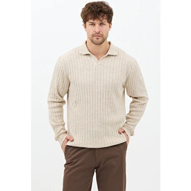 Tarz Cool Erkek Bej Uzun Kollu Polo Yaka Slim Fit Triko Kazak Casual
