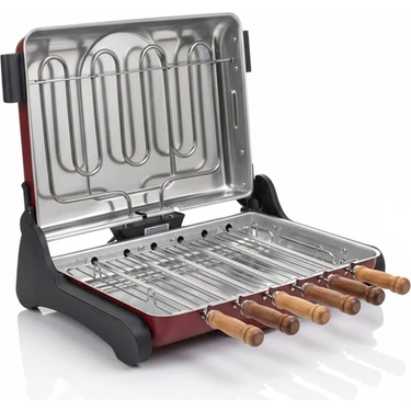Akel AB670 1200W Kırmızı Elektrikli Izgara, Kokusuz & Dumansız Mangal, Barbekü, 6 Adet Krom-Nikel