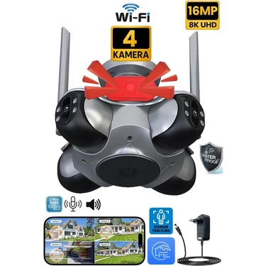 Mucosan 4 Kameralı Wifi 16MP Akıllı Gece Görüşlü Sesli Kamera Türkçe Uzaktan Izleme Sirenli Ultra