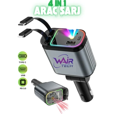 Wair Teknoloji USB C Type-C Araç Şarj Aleti, 4'ü 1 Arada Fiyatı