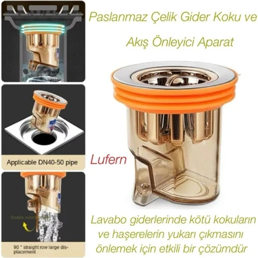 Lufern Paslanmaz Çelik Gider Koku ve Geri Akış Önleyici Aparat Hijyenik Kıl Saç Tüy Çıkma Mutfak