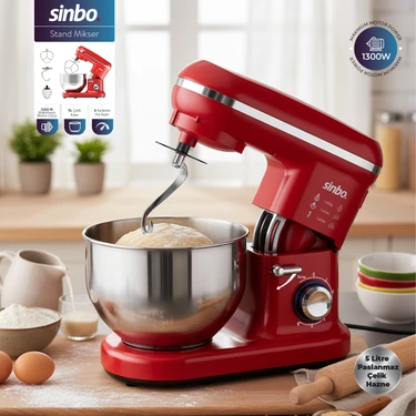 Sinbo SMX-2770 Kırmızı Stand Mikser 1300 Watt 5 L Paslanmaz Çelik Hazne ile Yüksek