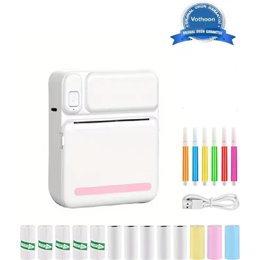 Vothoon Mini Taşınabilir Yazıcı 13 Rulo Kağıtlı Mürekkepsiz Etiket Yazıcısı Mini Termal