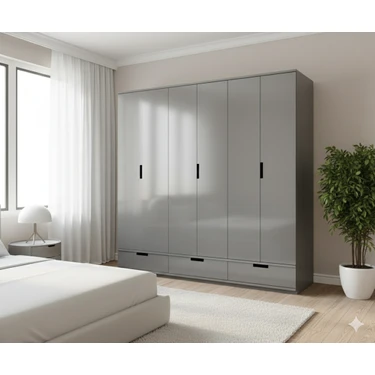 Saten Home Armi 6 Kapaklı Gardırop Metalik Gri Geniş Depolama Alanı ile Suntalam