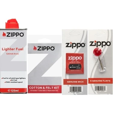 Zippo Benzinli Çakmak Seti 125 ml Pamuk Keçe  Fitil ve Taş ile Uzun Süreli Kullanım