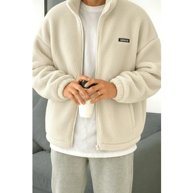 Genius Store Oversize Peluş Tam Fermuarlı Sweatshirt Peluş Içi Polarlı Sherpa Kumaş