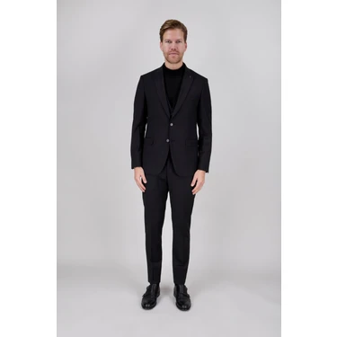 Paco Romano Erkek Slim Fit Sivri Yaka Siyah Yelekli Takım