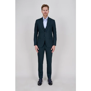 Paco Romano Erkek Slim Fit Mono Yaka Koyu Yeşil Yelekli Takım