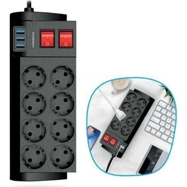 Çınar Toptan Ticaret Isıya Dayanıklı Termal Akım Korumalı 2 Metre 16A 4000W 8li Priz ve 3 USB Li