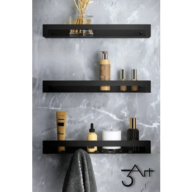 3Art Metal 3’lü Banyo Rafı – Duvar Tipi Organizer - Siyah Şık Şampuan ve Aksesuar Raf Seti -