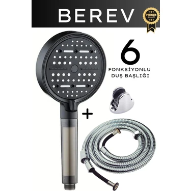 Berev 6 Fonksiyonlu Filtreli Duş Başlığı Seti Siyah Su Tasarruflu Basınçlı Kireç Klor Önleyici