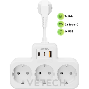 Vetech Akım Korumalı Grup Priz Duvar Tipi 3x Priz, 2x Type-C, 1x USB Port Çıkışlı Çoklu
