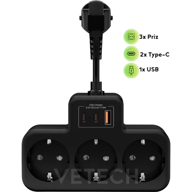 Vetech Akım Korumalı Grup Priz Duvar Tipi 3x Priz, 2x Type-C, 1x USB Port Çıkışlı Çoklu