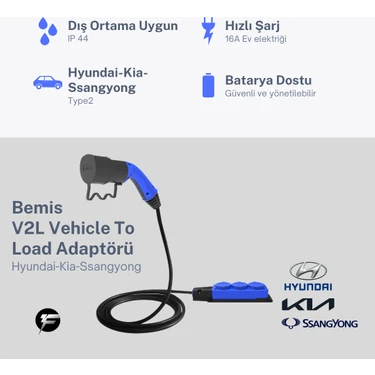 Bemis V2L (Vehicle to Load) Elektrikli Araç Uyumlu 3’lü Priz Uzatma Adaptörü – 3 Metre – Hyundai /