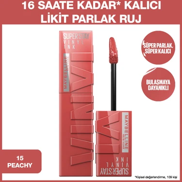 Maybelline New York Super Stay Vinyl Ink Uzun Süre Kalıcı Şeftali Tonlu Likit Parlak Ruj 15
