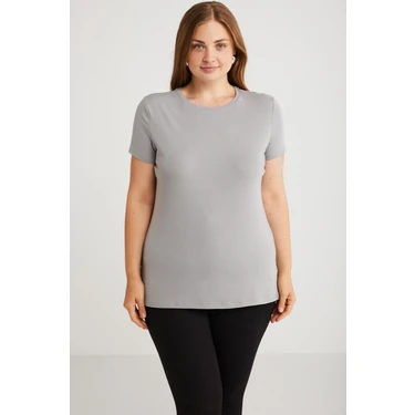 ETHIQUET Mayra Kadın Slim Fit Dar Kalıp Bisiklet Yaka Basıc Gri Büyük Beden