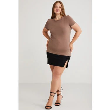 ETHIQUET Mayra Kadın Slim Fit Dar Kalıp Bisiklet Yaka Basıc Kahverengi Büyük Beden