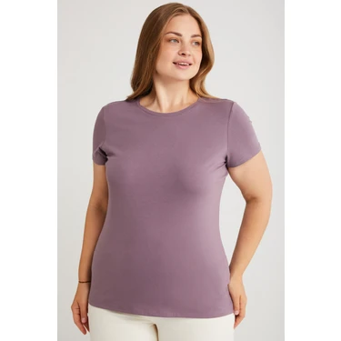 ETHIQUET Mayra Kadın Slim Fit Dar Kalıp Bisiklet Yaka Basıc Mor Büyük Beden