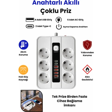 Pro P11 6x Priz 3000W Termal Akım Korumalı 4x USB 2x Type-C Girişli Çoklu