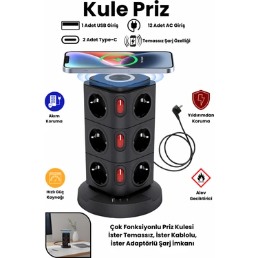 Yeni Akım Korumalı 2.4A Kule Priz Kablosuz Şarj Istasyonu 12X Soketli 2×type-C 1x USB