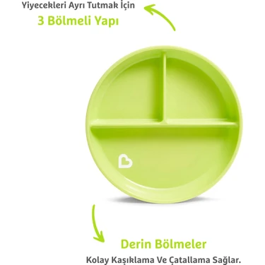 Munchkin Sabit Vakumlu Beslenme Tabağı | 6 Ay+, 3 Bölmeli, BPA İçermez, Yeşil – 1