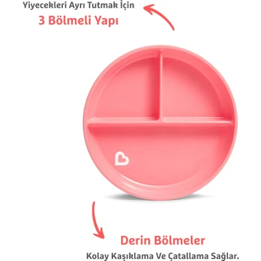 Munchkin Sabit Vakumlu Beslenme Tabağı | 6 Ay+, 3 Bölmeli, BPA İçermez, Pembe– 1