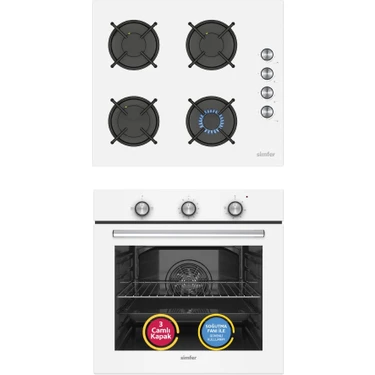 Simfer Ankastre Set Beyaz Cam Ocaklı Mekanik Power Turbo Fanlı 2'li Set (Fırın +
