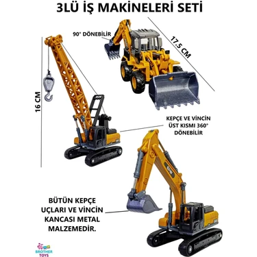 Brother Toys 3'lü Iş Makinesi Seti Kepçe, Vinç, Kazıcı-Yükleyici - Metal Uçlu Iş Makinaları Küçük