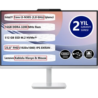 Lenovo A100 Aıo Intel Core I3 N305 16GB 512GB SSD 24" Fhd IPS Freedos Aıo Bılgısayar