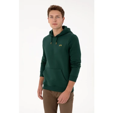 U.S. Polo Assn. Erkek Regular Fit Kapüşonlu Şardonlu Koyu Yeşil Basic Sweatshirt