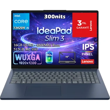 Lenovo Ideapad Slim 3 16IRH10 Intel Core I5-13420H 16GB 512GB SSD 16" WUXGA (1920X1200) IPS Panel